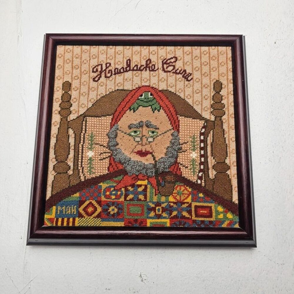 Vintage Cross Stitch Needlepoint Wood Framed Whimpsical Grandmacore Cottagecore